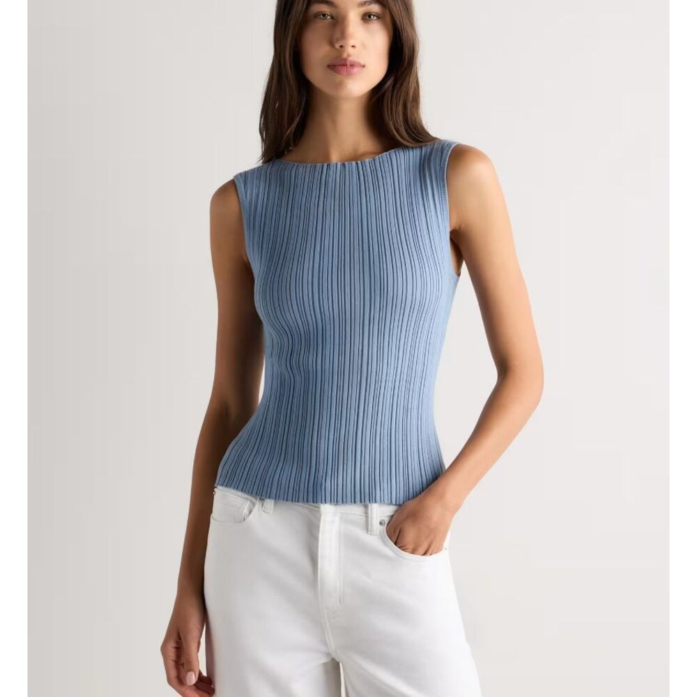 Quince Women's L Cotton Cashmere Ribbed Sleeveless Tank Top Mountain Spring Blue